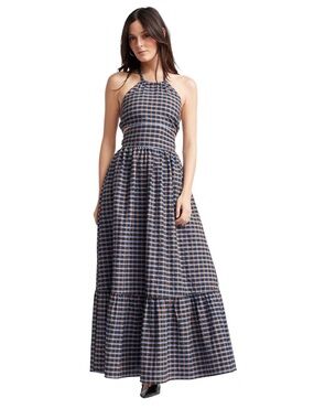 Self Contrast Isolde Plaid Halter Maxi Dress in Black Brown L